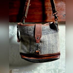 Myra Bag Brown and Cream Woven Crossbody with Leather Trim